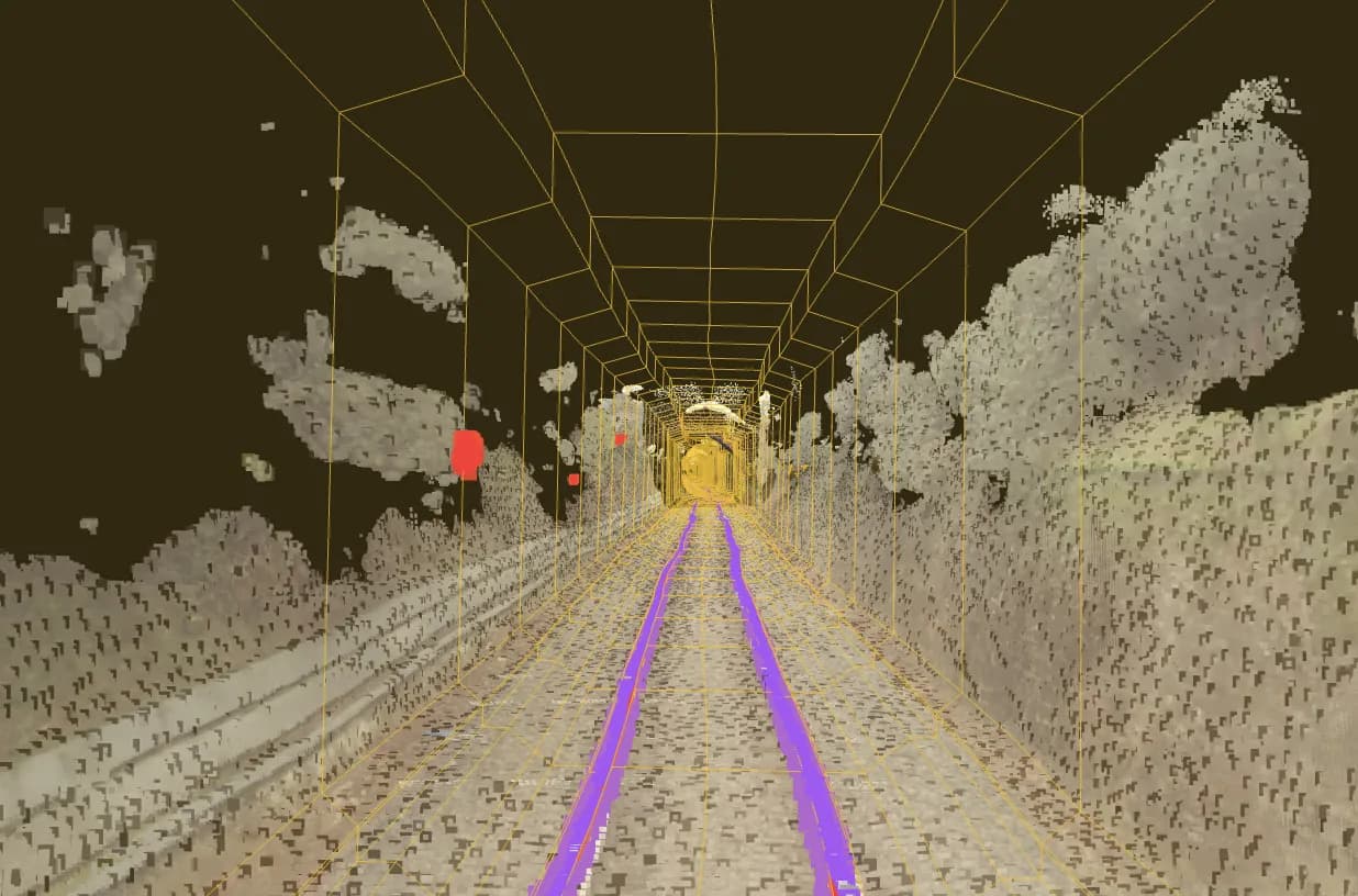 3D digital railway model used to evaluate collision risks against obstacle clearance gauges.
